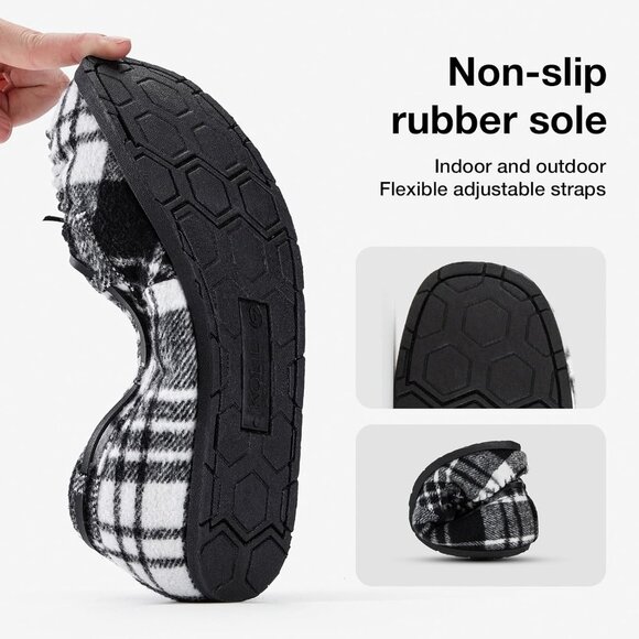 Women's Black White Faux Fur Warm Winter Cozy Rubber Sole Slippers Boot Shoes - Picture 2 of 6